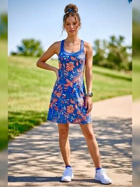 The North Face Blue And Orange Floral Athletic Racer Back Dress Size XS Gorpcore